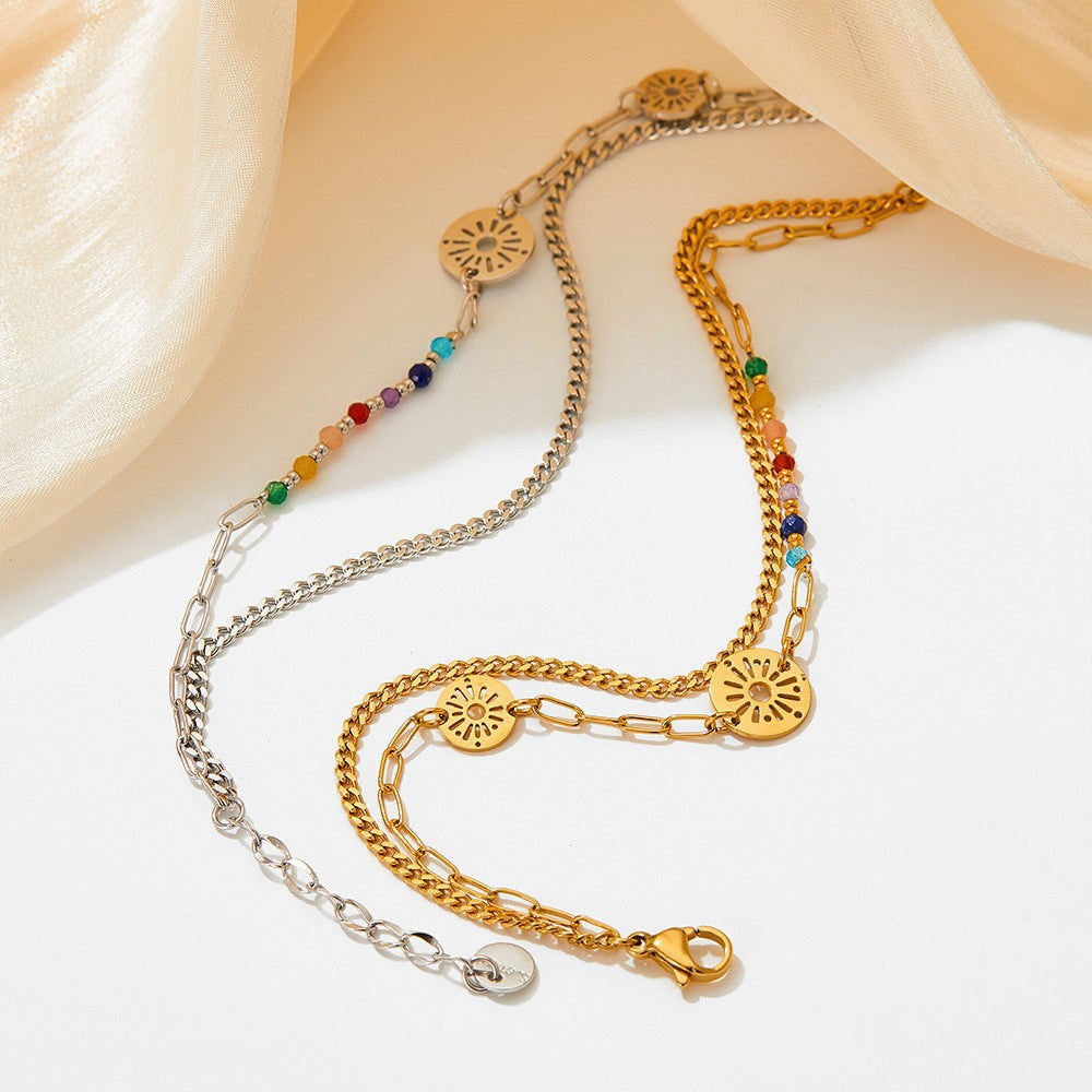 Venta al por mayor Collar chapado en oro de acero inoxidable con girasol y círculo pequeño de margaritas